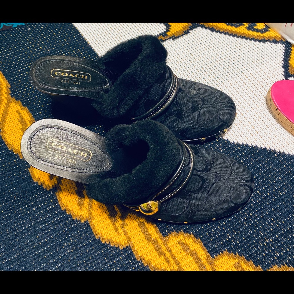 Coach Mules with black fur and gold studs